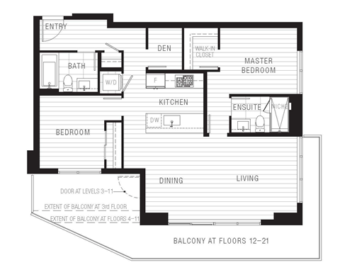 Plan 2B - 2 Bed + Den + 2 Bath, 912-917 sq. ft.